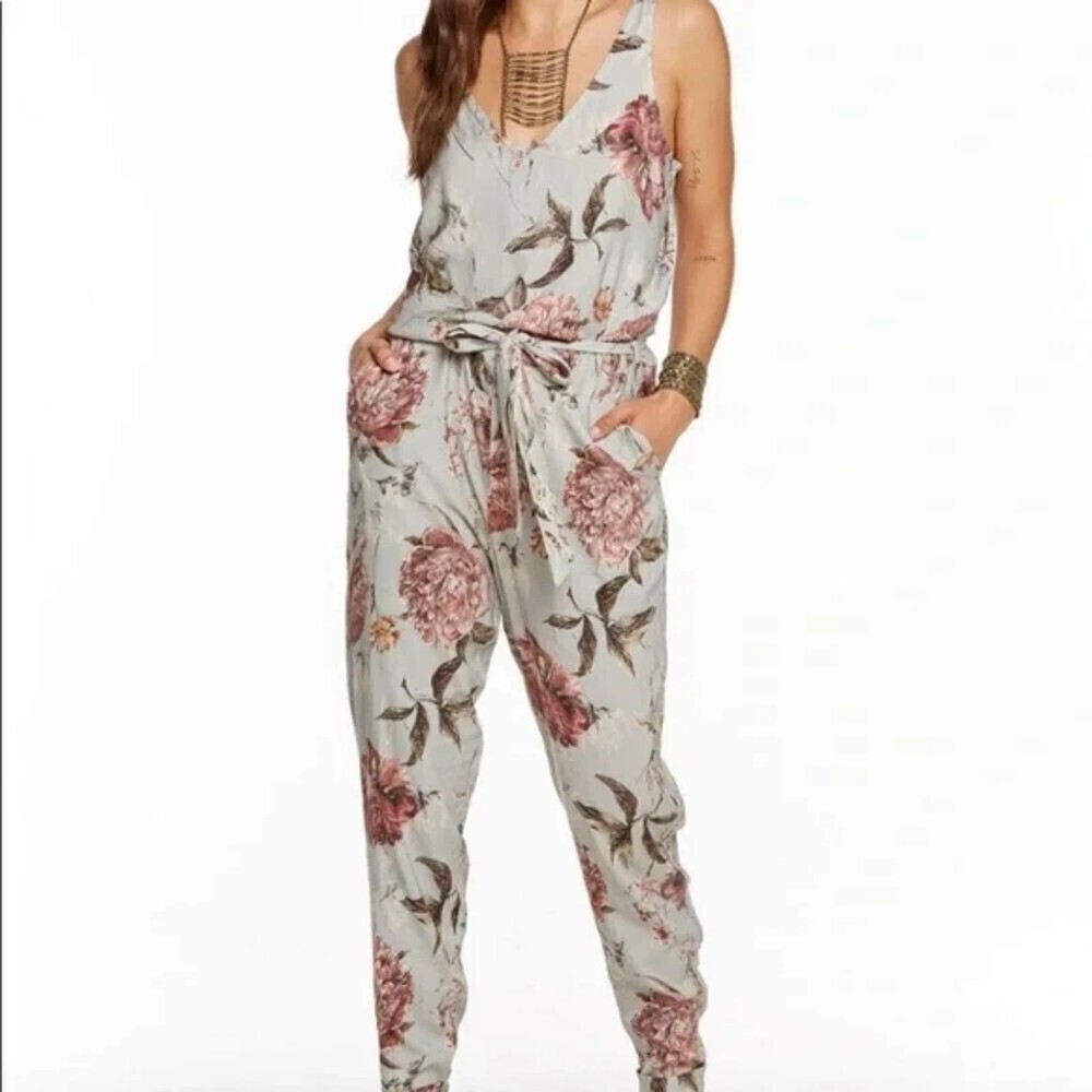 NWT CHASER Blue Vintage Floral Print Double V Waist Tie Jumpsuit Size Medium